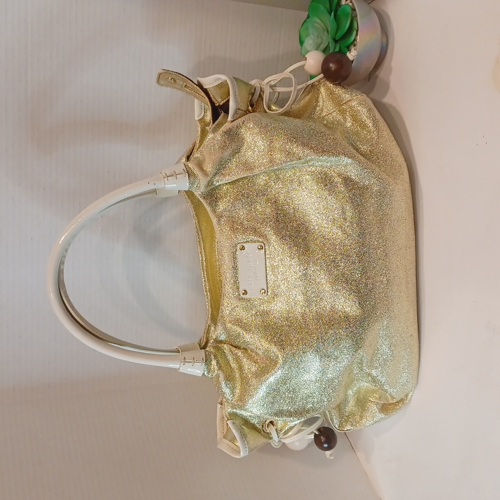 Kate Spade Stevie Gold Sparkle Winter White Patent Leather Trim Bag w/ KS Gif…